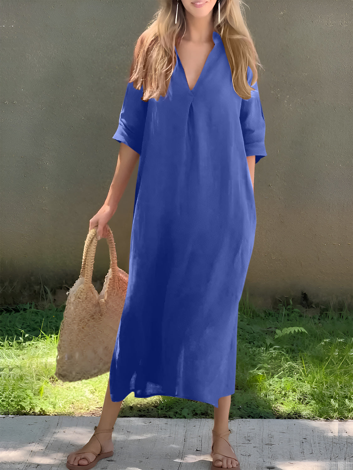 Full Size Notched Half Sleeve Midi Dress Royal Blue S Women&