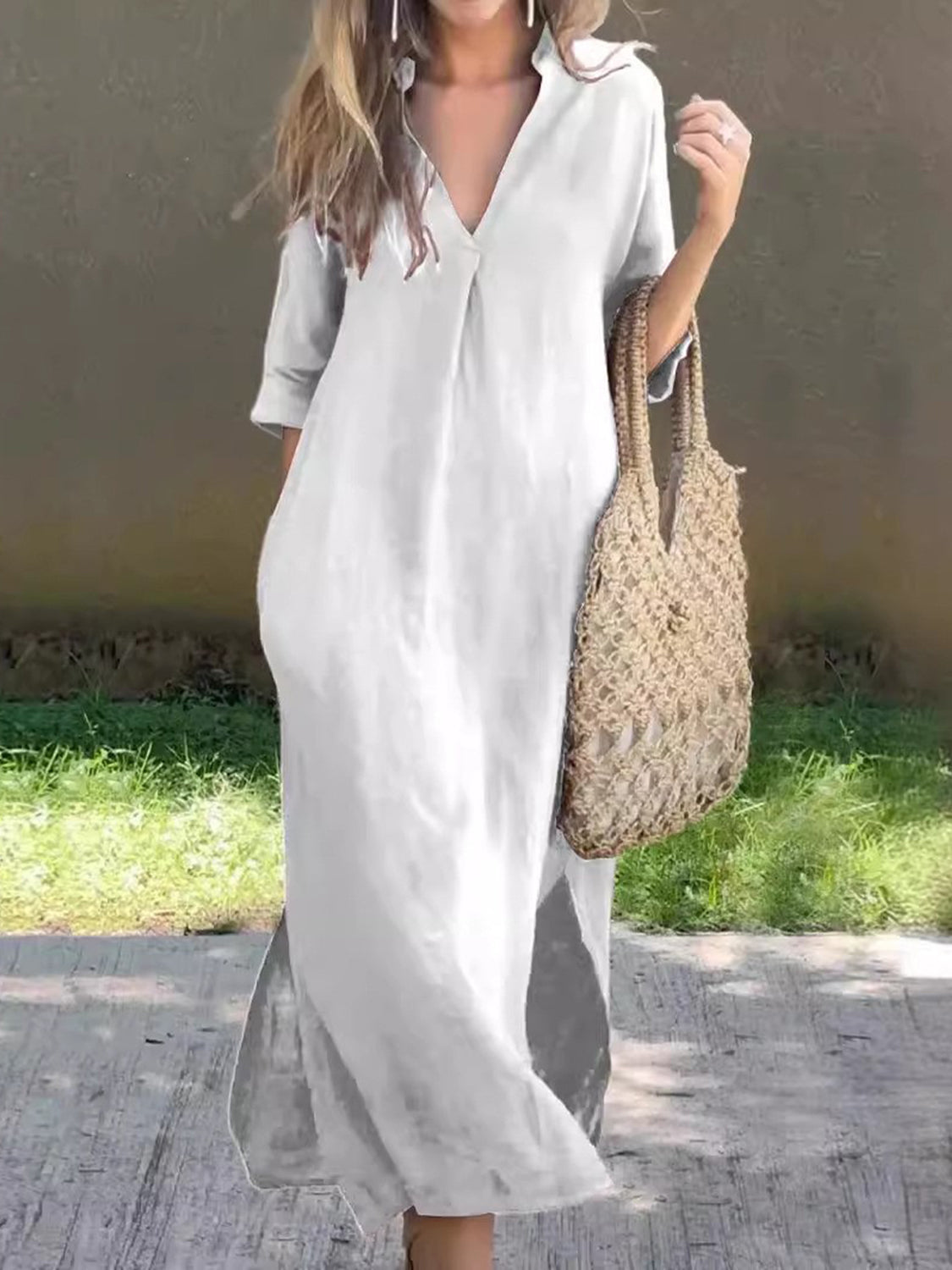 Full Size Notched Half Sleeve Midi Dress White S Women&