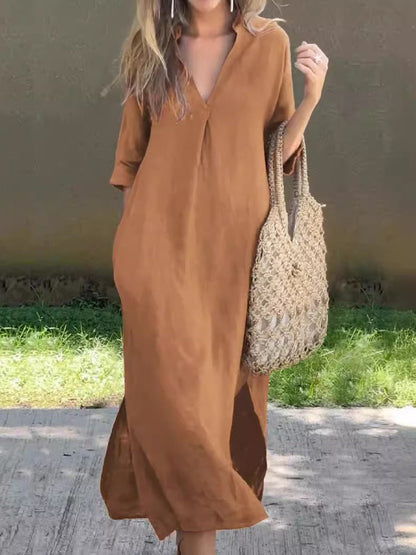 Full Size Notched Half Sleeve Midi Dress Women&