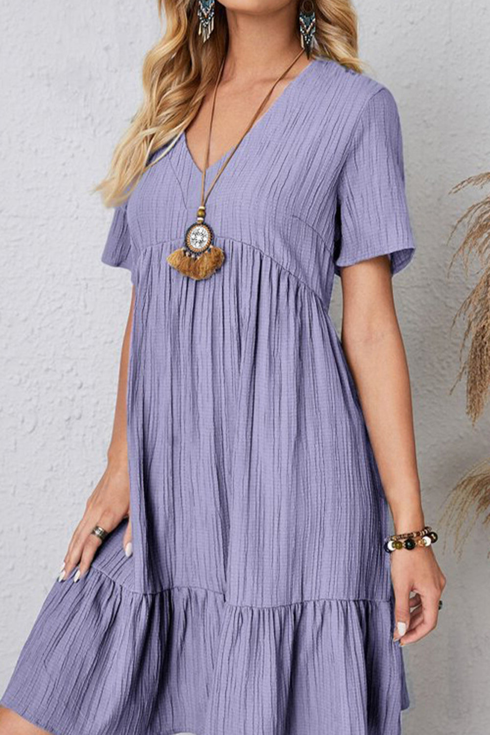 Full Size Ruched V-Neck Short Sleeve Dress Blue Purple S Women&