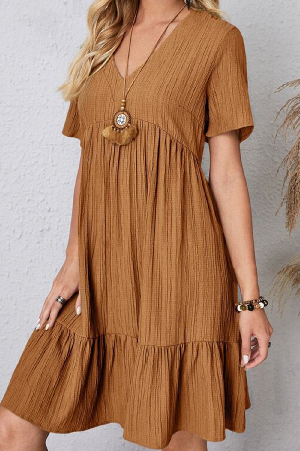 Full Size Ruched V-Neck Short Sleeve Dress Caramel S Women&