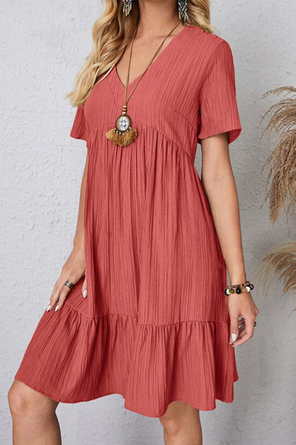 Full Size Ruched V-Neck Short Sleeve Dress Coral S Women&