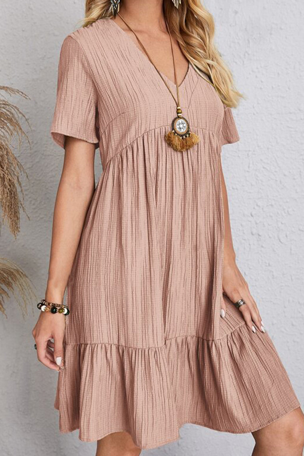 Full Size Ruched V-Neck Short Sleeve Dress Dusty Pink S Women&