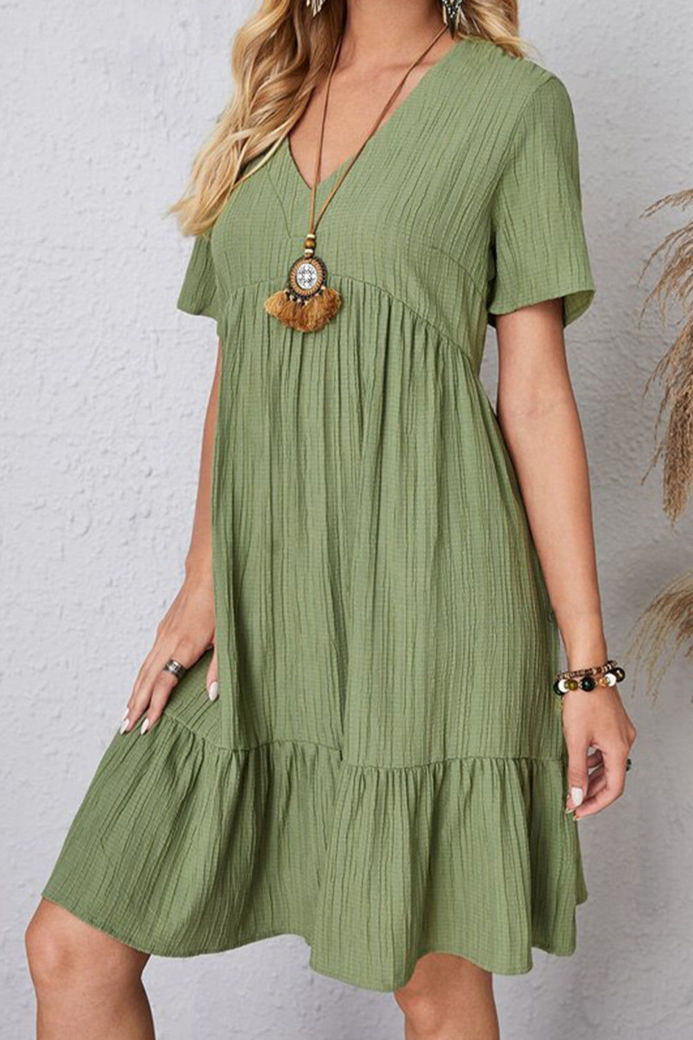 Full Size Ruched V-Neck Short Sleeve Dress Matcha Green S Women&