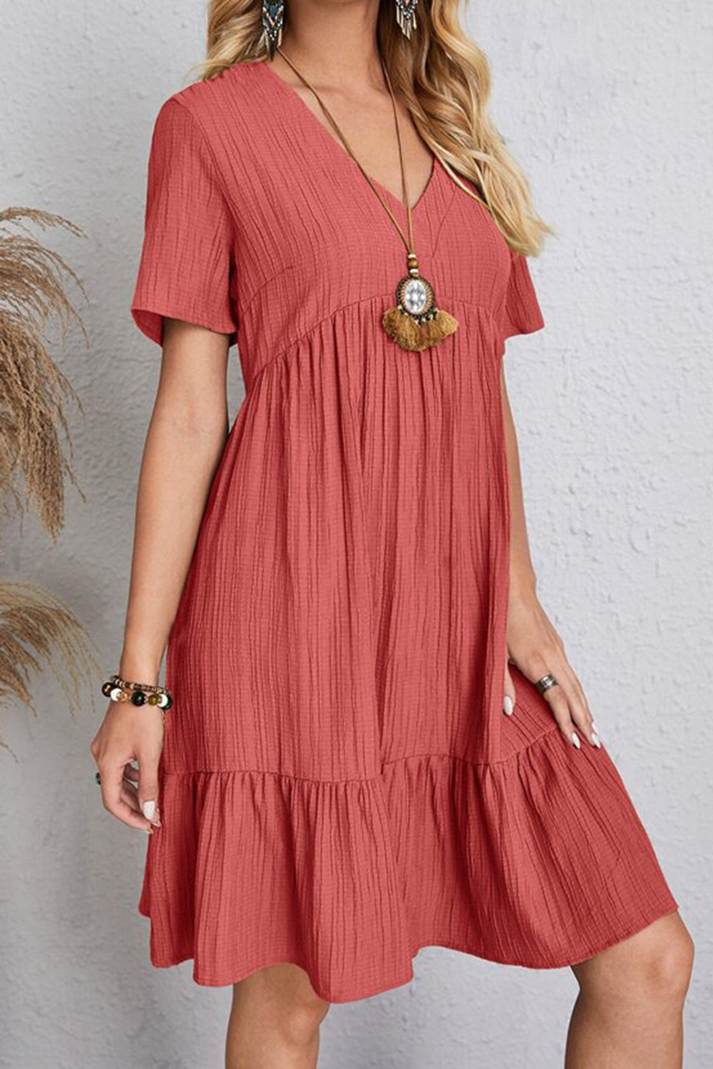 Full Size Ruched V-Neck Short Sleeve Dress Women&