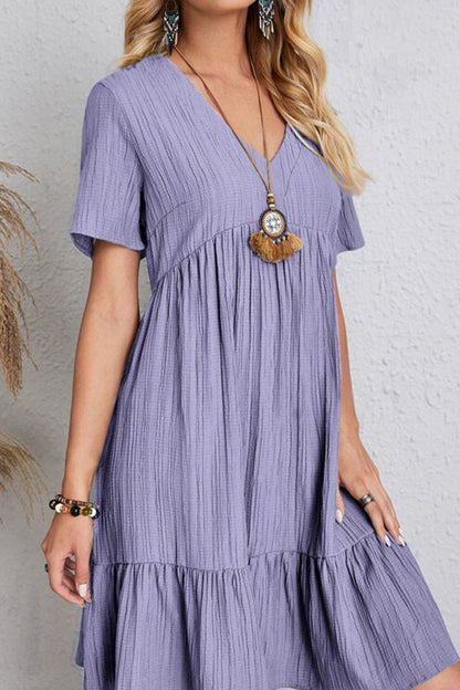 Full Size Ruched V-Neck Short Sleeve Dress Women&