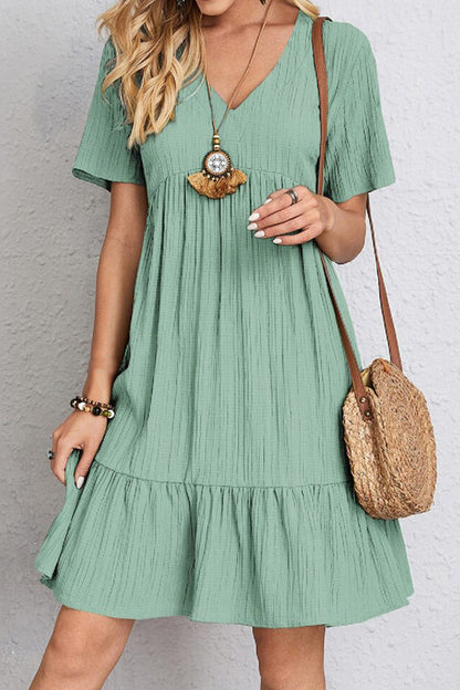 Full Size Ruched V-Neck Short Sleeve Dress Women&