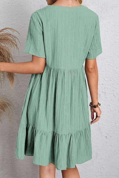 Full Size Ruched V-Neck Short Sleeve Dress Women&