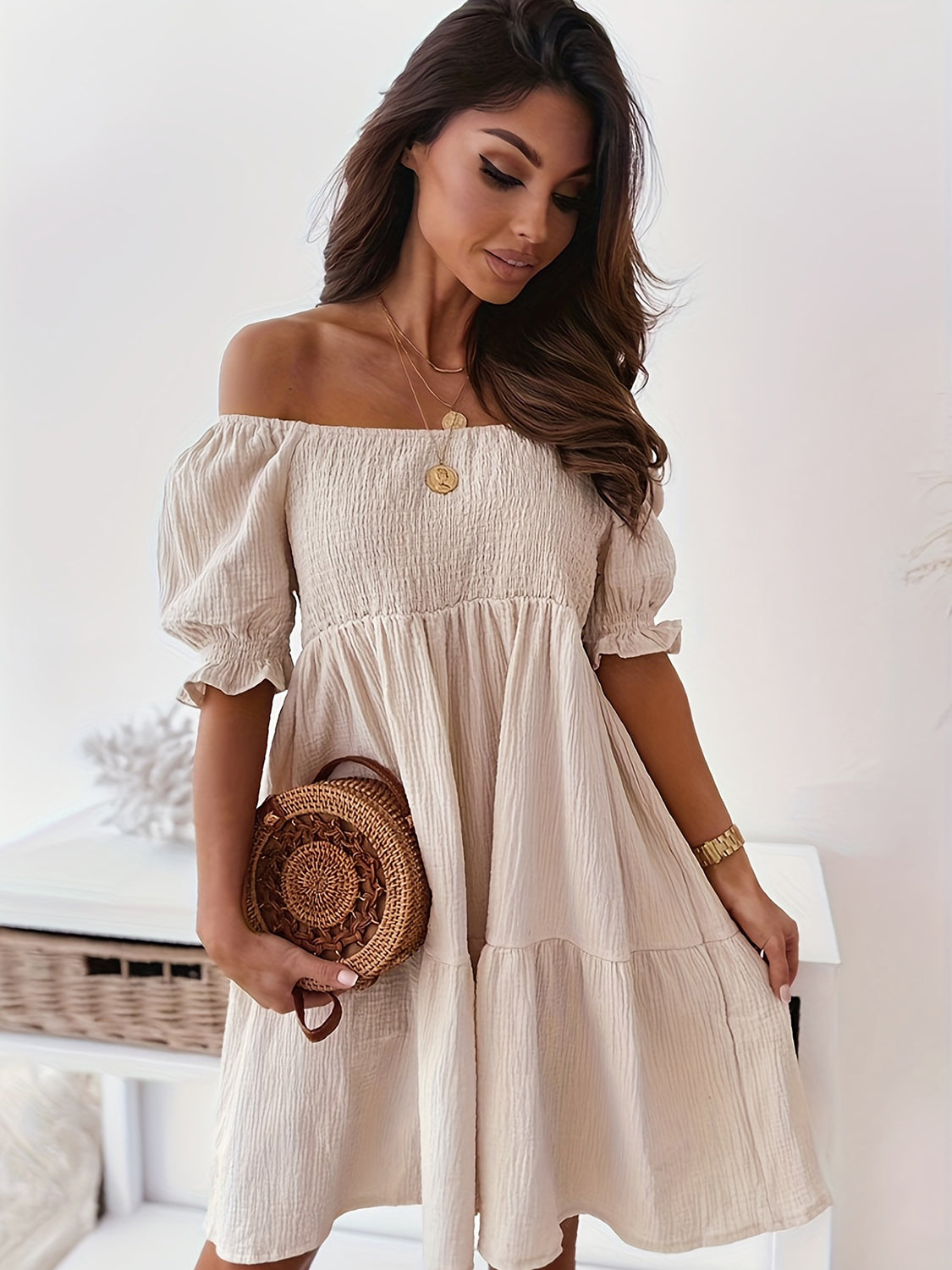 Full Size Ruffled Off-Shoulder Short Sleeve Dress Beige S Dresses by Trendsi | Fleurcouture