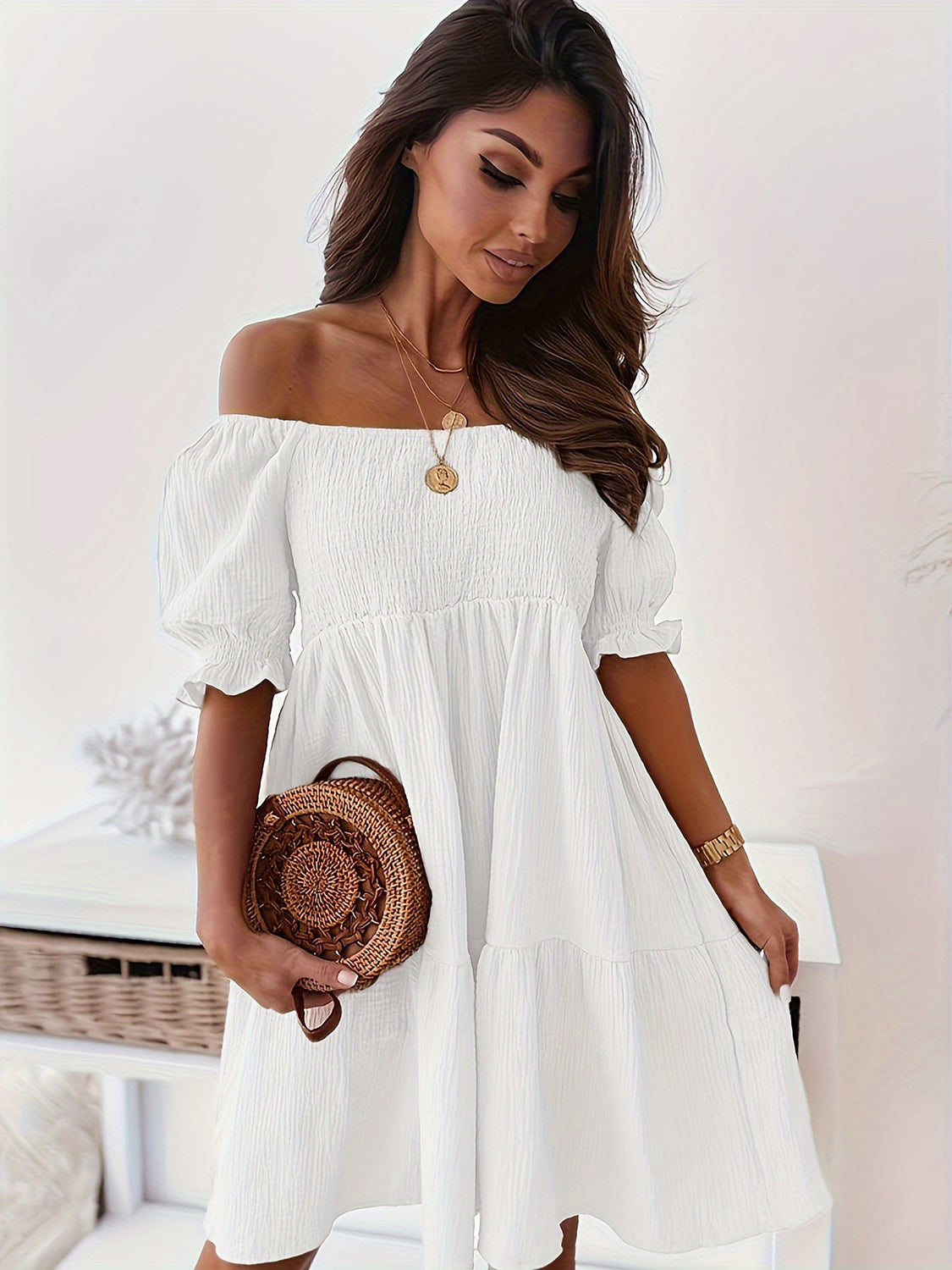 Full Size Ruffled Off-Shoulder Short Sleeve Dress Dresses by Trendsi | Fleurcouture