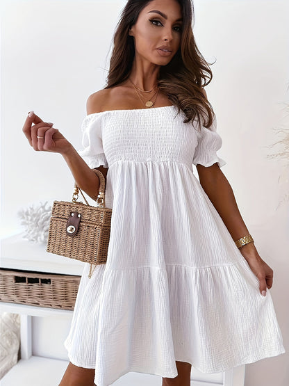 Full Size Ruffled Off-Shoulder Short Sleeve Dress White S Dresses by Trendsi | Fleurcouture