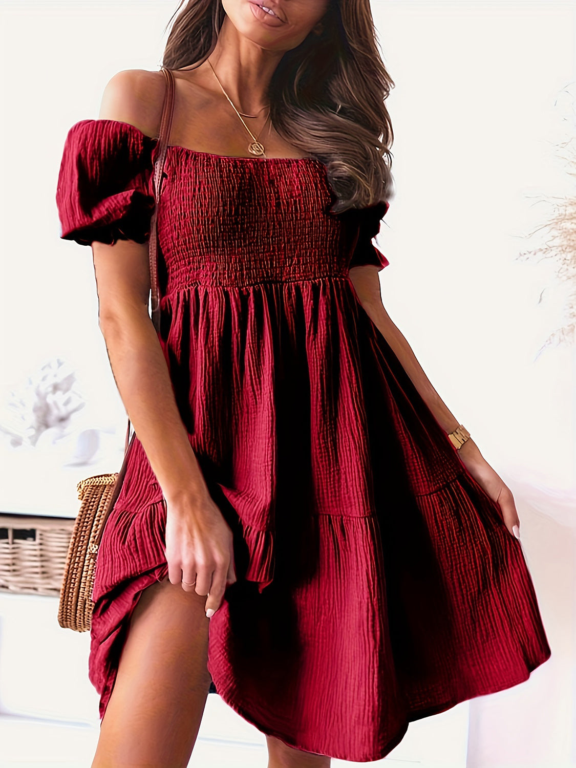 Full Size Ruffled Off-Shoulder Short Sleeve Dress Wine S Dresses by Trendsi | Fleurcouture