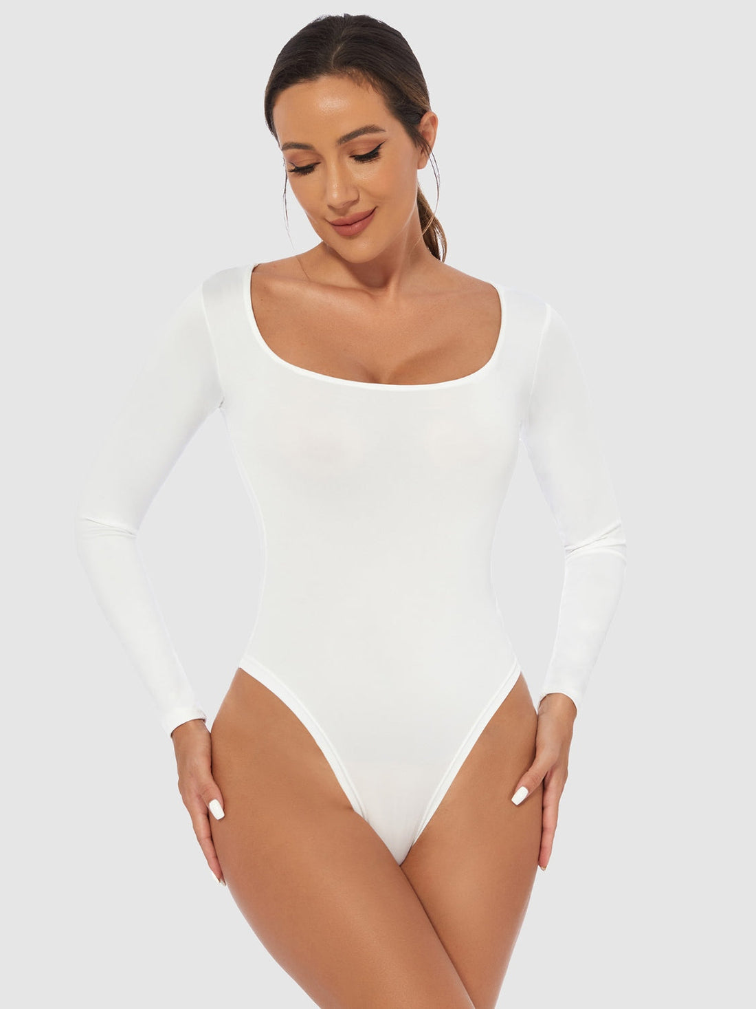Full Size Scoop Neck Long Sleeve Bodysuit White S Bodysuits by Trendsi | Fleurcouture