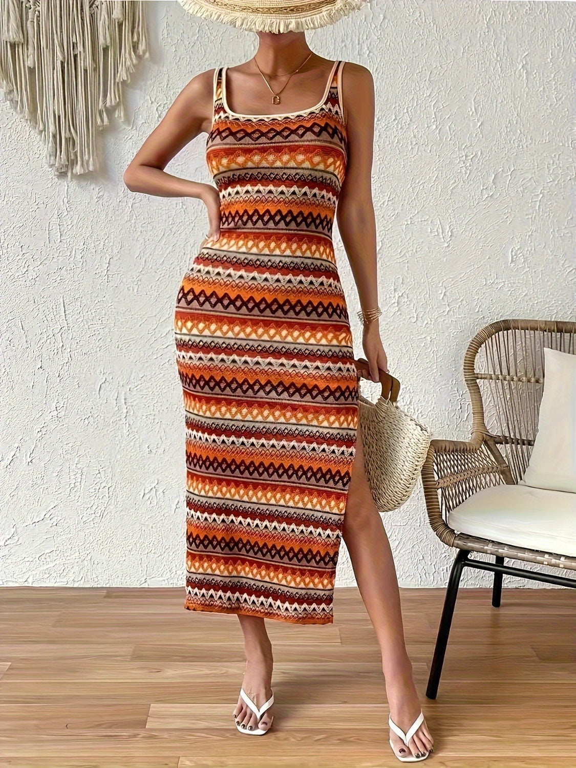 Full Size Slit Square Neck Wide Strap Midi Dress Caramel S Dresses by Trendsi | Fleurcouture