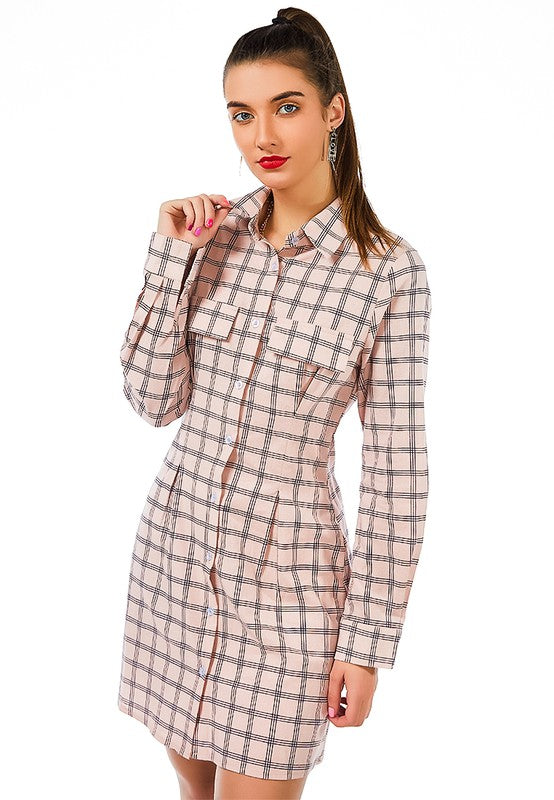 Full Sleeve Chequered Shirt Dress Pink XS by Rag Company | Fleurcouture