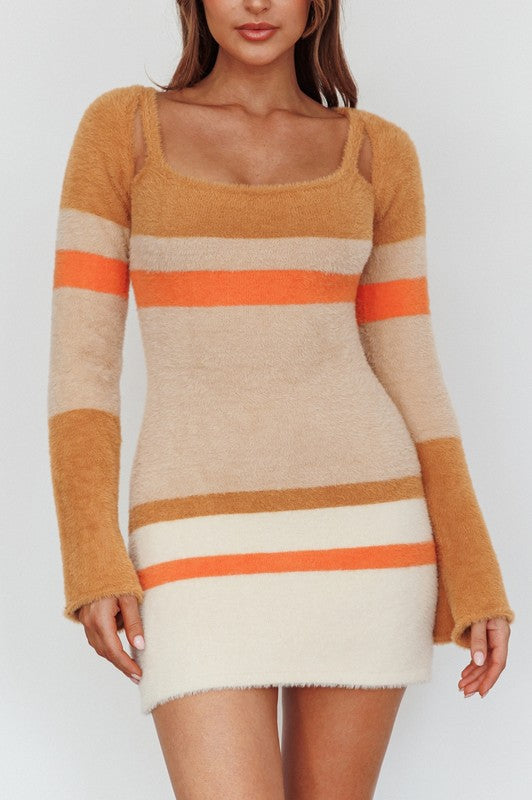 Fuzzy Knit Long Sleeved Multi Stripe Mini Dress BROWN MULTI by One and Only Collective Inc | Fleurcouture