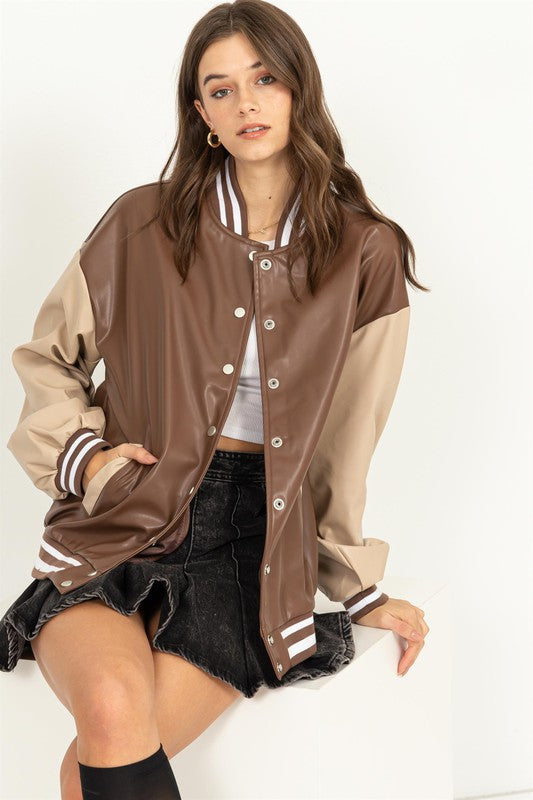 Game On PU Colorblock Baseball Jacket BROWN S by HYFVE | Fleurcouture