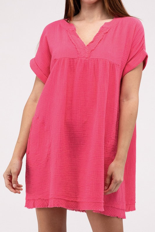 Gauze Rolled Short Sleeve Raw Edge V-Neck Dress FUCHSIA S by ZENANA | Fleurcouture