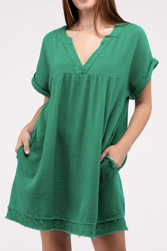 Gauze Rolled Short Sleeve Raw Edge V-Neck Dress K GREEN S by ZENANA | Fleurcouture