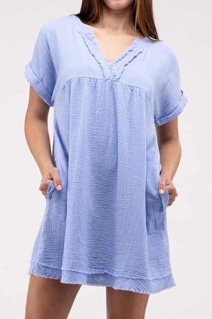 Gauze Rolled Short Sleeve Raw Edge V-Neck Dress SPRING BLUE M by ZENANA | Fleurcouture