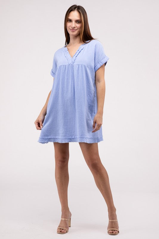 Gauze Rolled Short Sleeve Raw Edge V-Neck Dress by ZENANA | Fleurcouture