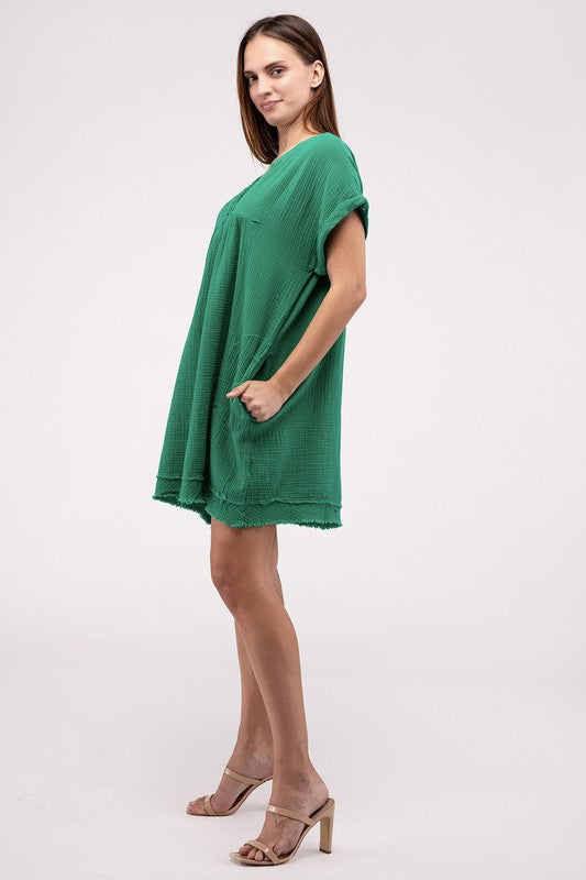 Gauze Rolled Short Sleeve Raw Edge V-Neck Dress by ZENANA | Fleurcouture