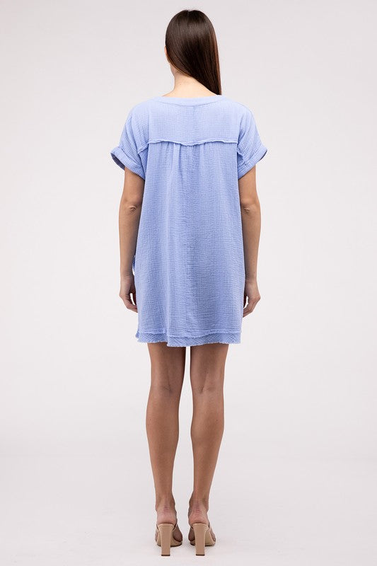 Gauze Rolled Short Sleeve Raw Edge V-Neck Dress by ZENANA | Fleurcouture