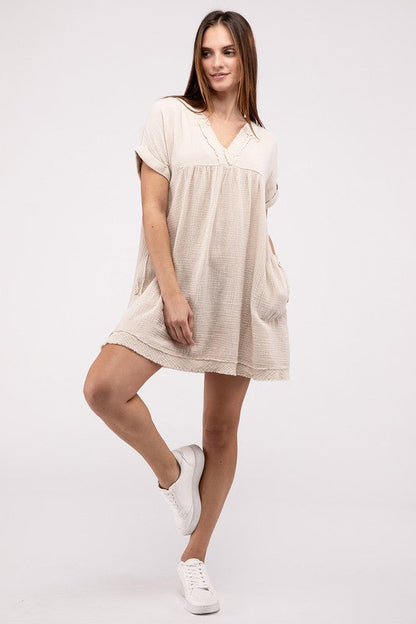 Gauze Rolled Short Sleeve Raw Edge V-Neck Dress by ZENANA | Fleurcouture