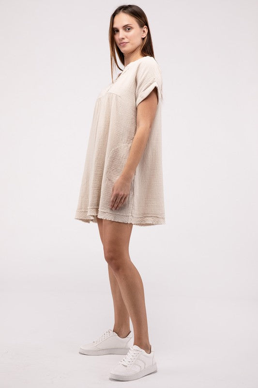 Gauze Rolled Short Sleeve Raw Edge V-Neck Dress by ZENANA | Fleurcouture