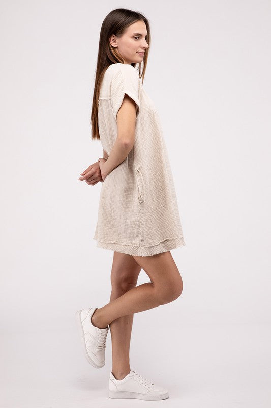 Gauze Rolled Short Sleeve Raw Edge V-Neck Dress by ZENANA | Fleurcouture