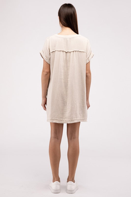 Gauze Rolled Short Sleeve Raw Edge V-Neck Dress by ZENANA | Fleurcouture