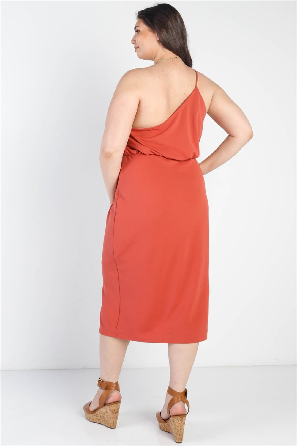 Gilli Full Size Slit One Shoulder Sleeveless Dress Terracotta Plus Size by Trendsi | Fleurcouture