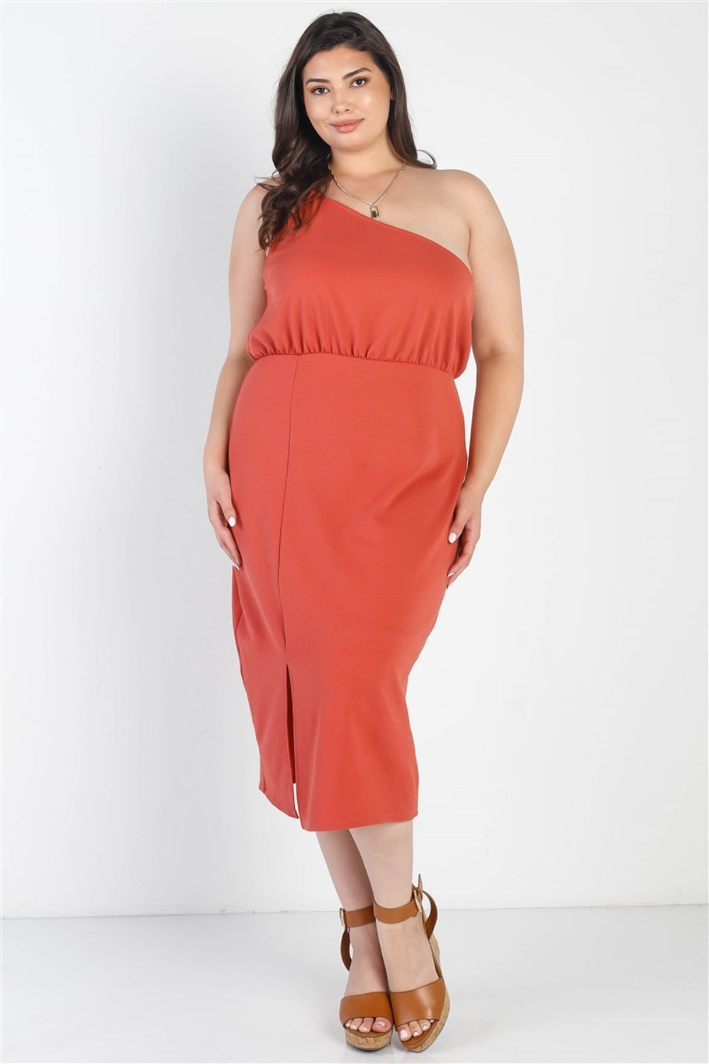 Gilli Full Size Slit One Shoulder Sleeveless Dress Terracotta Plus Size by Trendsi | Fleurcouture