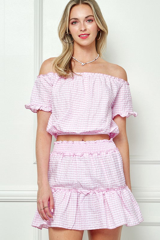 GINGHAM SEERSUCKERTOP AND SKIRT SET BABY PINK S by e Luna | Fleurcouture