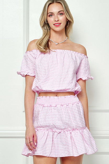 GINGHAM SEERSUCKERTOP AND SKIRT SET BABY PINK S by e Luna | Fleurcouture