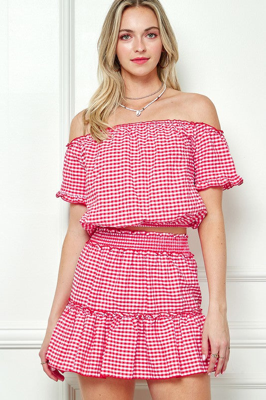 GINGHAM SEERSUCKERTOP AND SKIRT SET TOMATO RED S by e Luna | Fleurcouture