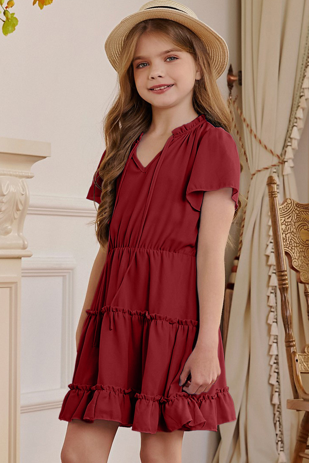 Girls Frilled Notched Neck Puff Sleeve Dress Deep Red Kids Couture by Trendsi | Fleurcouture