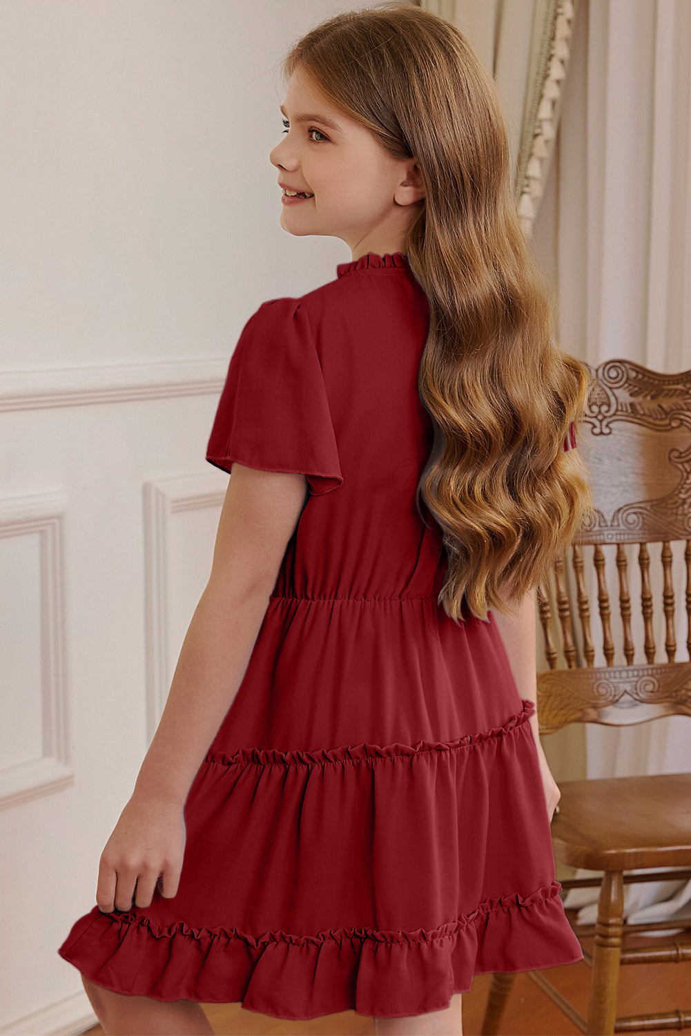 Girls Frilled Notched Neck Puff Sleeve Dress Deep Red Kids Couture by Trendsi | Fleurcouture