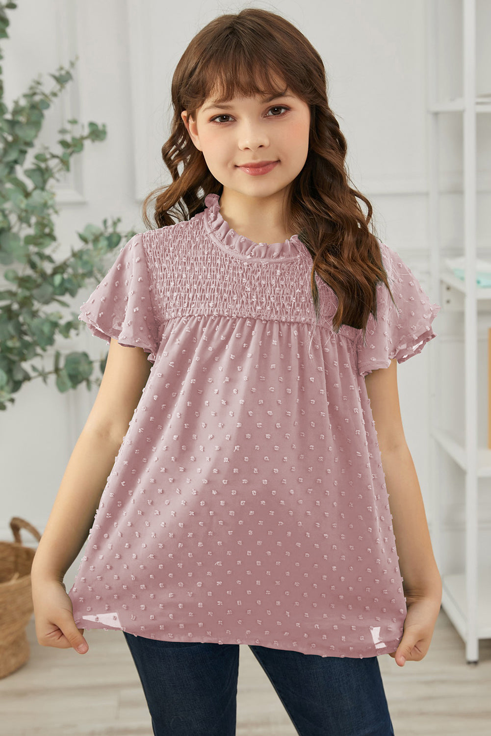 Girls Swiss Dot Smocked Flutter Sleeve Blouse Pink 4Y-5Y by Trendsi | Fleurcouture