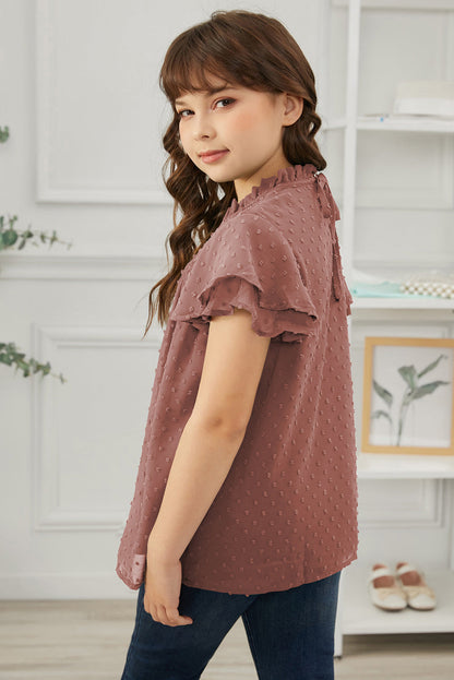 Girls Swiss Dot Smocked Flutter Sleeve Blouse by Trendsi | Fleurcouture