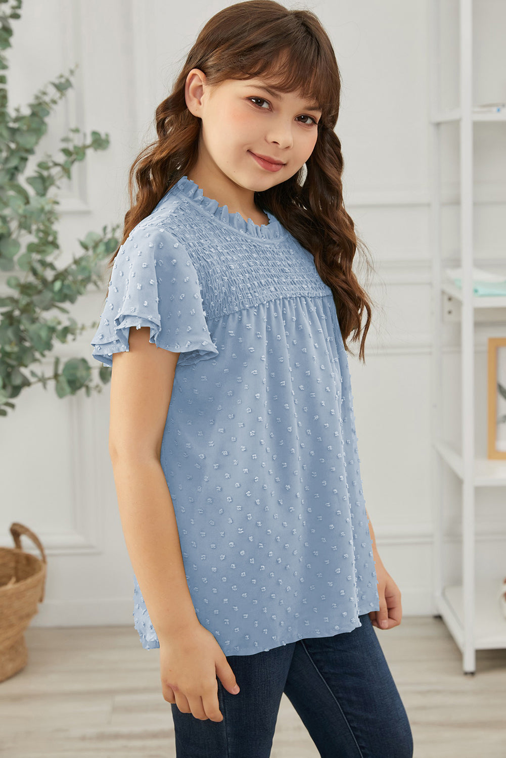 Girls Swiss Dot Smocked Flutter Sleeve Blouse by Trendsi | Fleurcouture