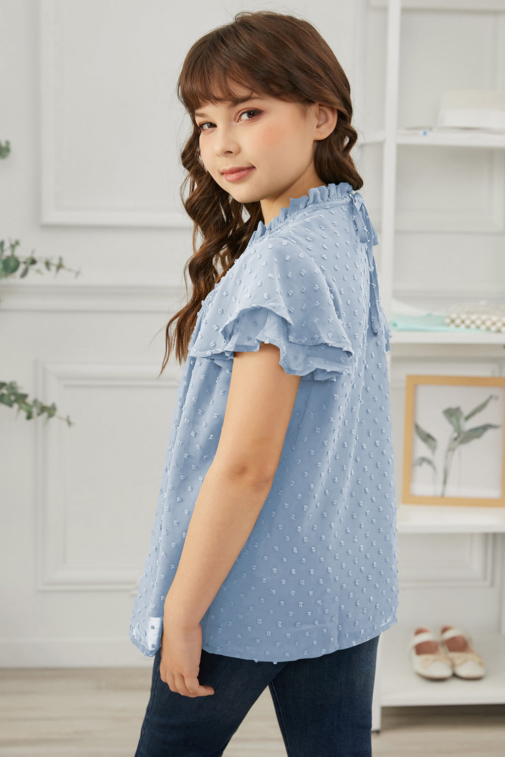 Girls Swiss Dot Smocked Flutter Sleeve Blouse by Trendsi | Fleurcouture