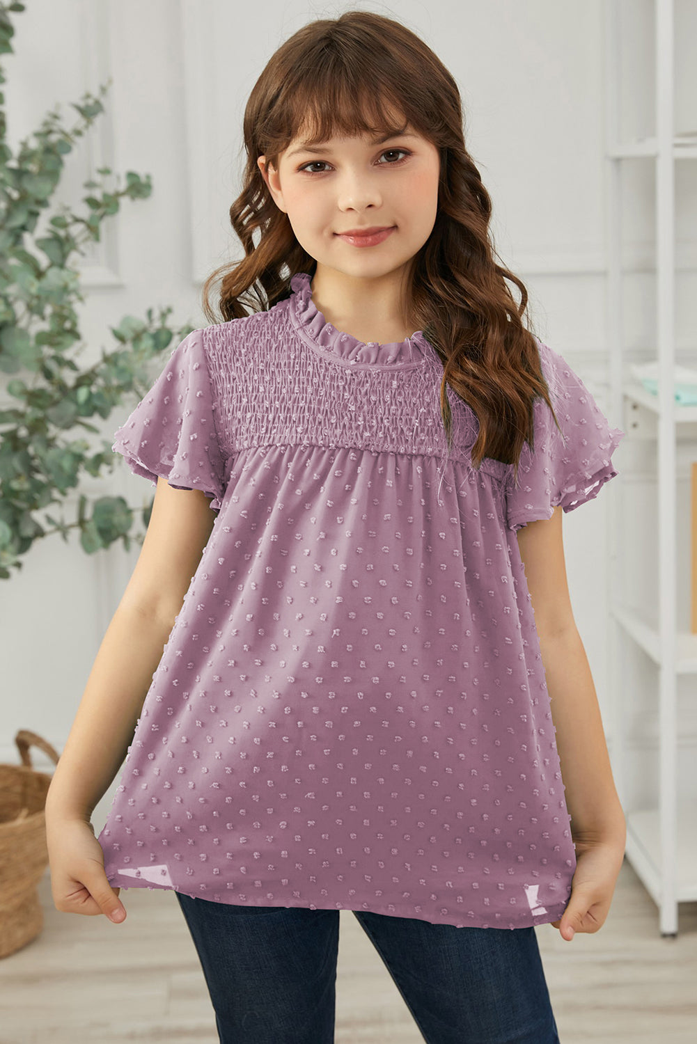 Girls Swiss Dot Smocked Flutter Sleeve Blouse by Trendsi | Fleurcouture