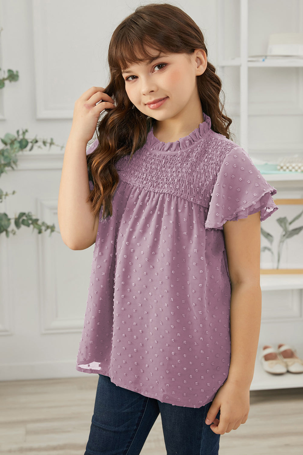 Girls Swiss Dot Smocked Flutter Sleeve Blouse by Trendsi | Fleurcouture