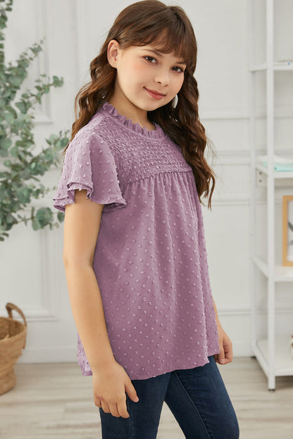 Girls Swiss Dot Smocked Flutter Sleeve Blouse by Trendsi | Fleurcouture