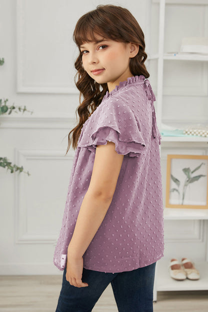 Girls Swiss Dot Smocked Flutter Sleeve Blouse by Trendsi | Fleurcouture