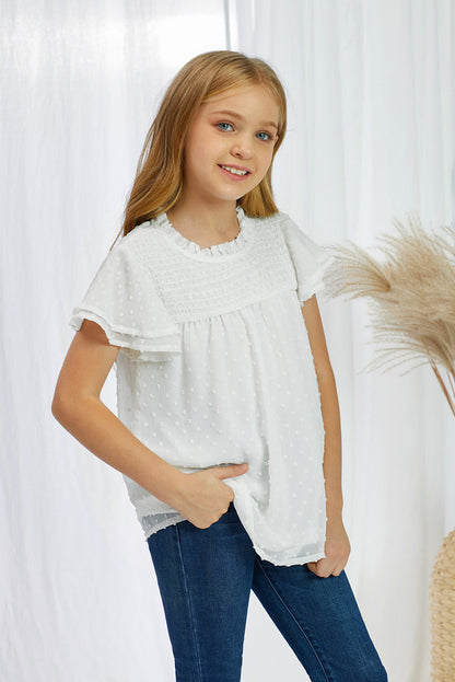 Girls Swiss Dot Smocked Flutter Sleeve Blouse by Trendsi | Fleurcouture