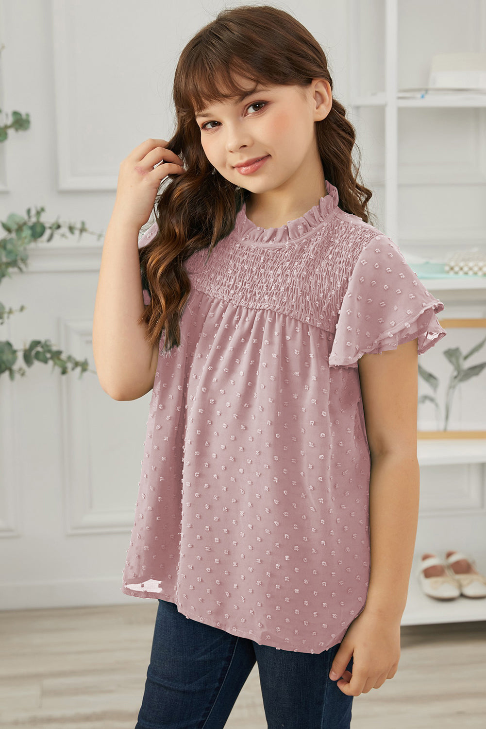 Girls Swiss Dot Smocked Flutter Sleeve Blouse by Trendsi | Fleurcouture