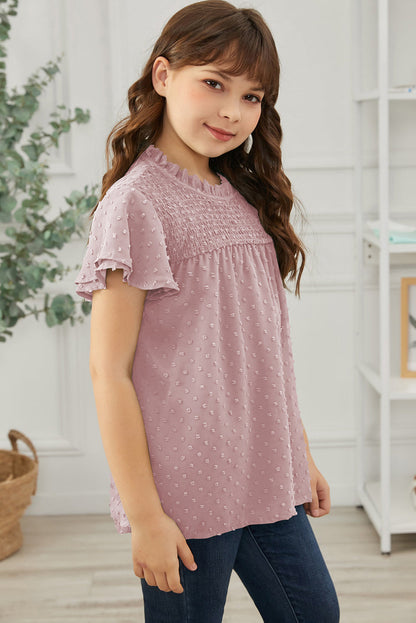 Girls Swiss Dot Smocked Flutter Sleeve Blouse by Trendsi | Fleurcouture