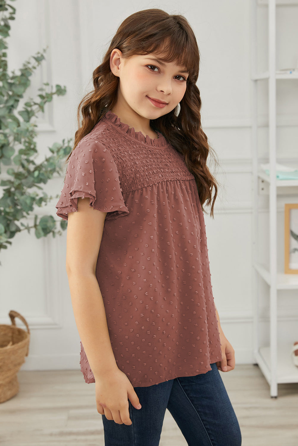 Girls Swiss Dot Smocked Flutter Sleeve Blouse by Trendsi | Fleurcouture